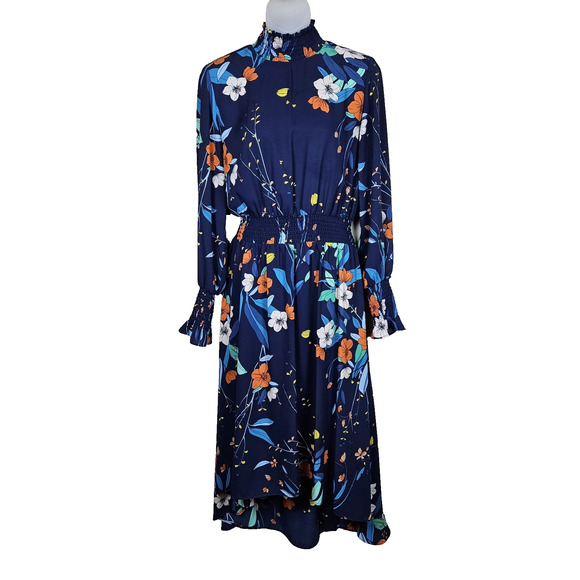 Nanette Lepore Floral High Lo Smocked Maxi Dress Ruffle Long Sleeve Navy Size 6 - Picture 1 of 16